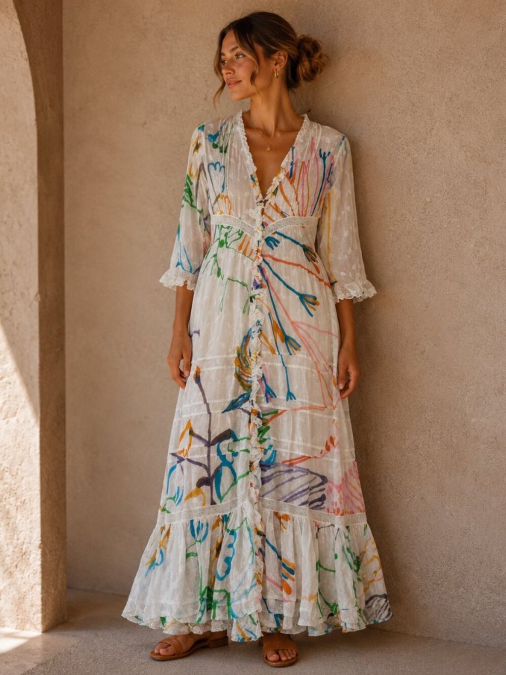 Soler Maxi Dress Womens M/L Agnes Abstract‎ Floral Ruffle Button Up Empire Boho